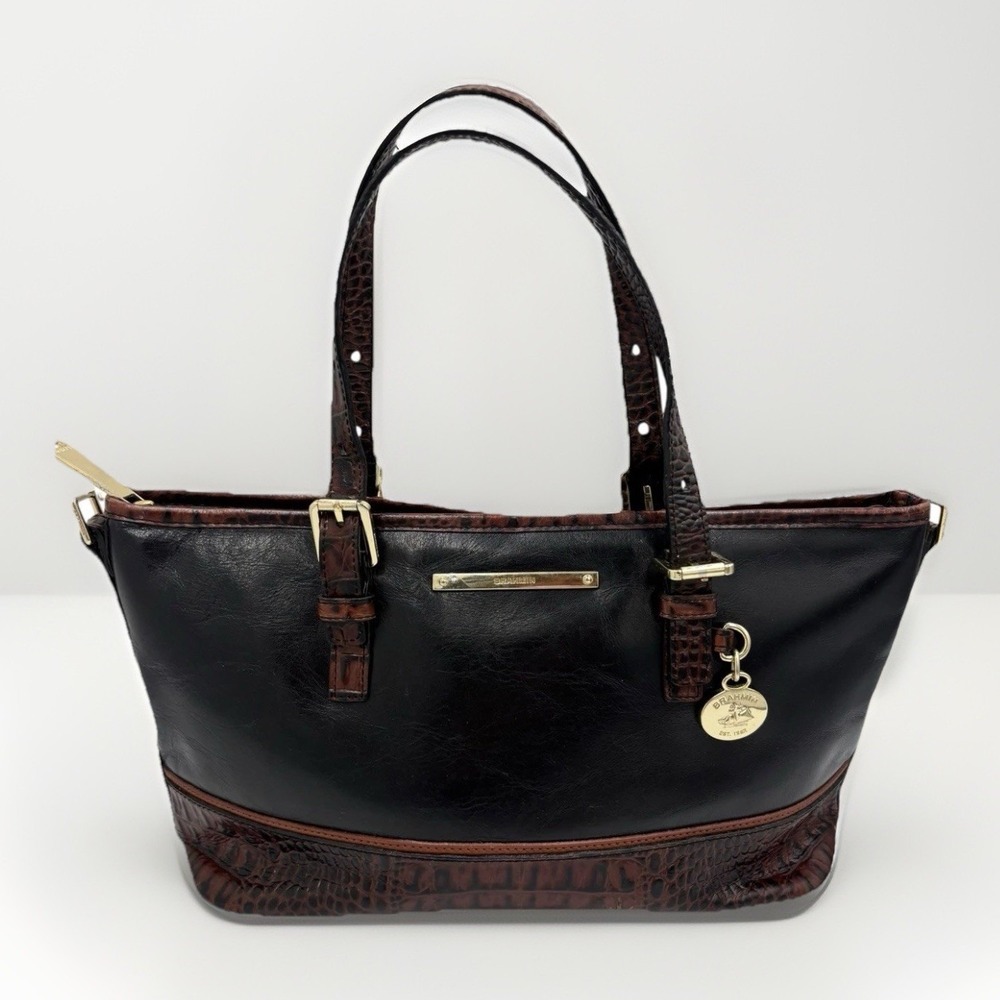 Brahmin Asher‎ Black & Brown Crocodile Embossed Tuscan Textured Bag Purse